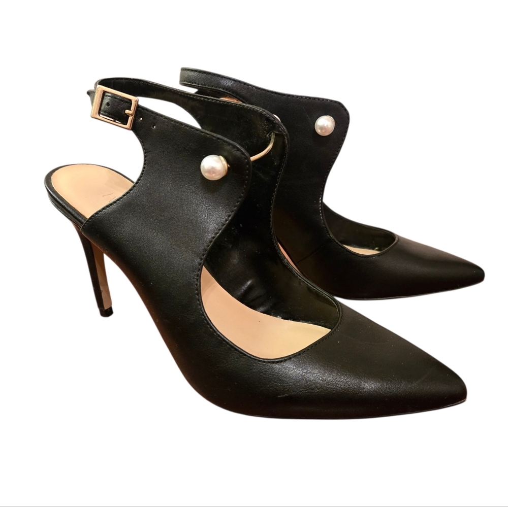 Expression Black Slingback Heels with Pearl Detail Faux Leather Size 8